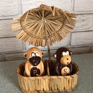 Monkey Salt & Pepper Shaker Set Tiki Hut Caddy